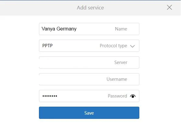 Xiaomi MiWiFi, окно Add service: название, тип протокола PPTP, сервер, имя пользователя, пароль